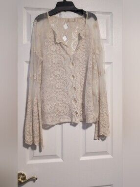 Altar'd State Cream Sheer Mesh Embroidered Lace Medallion Bell Sleeve Blouse
